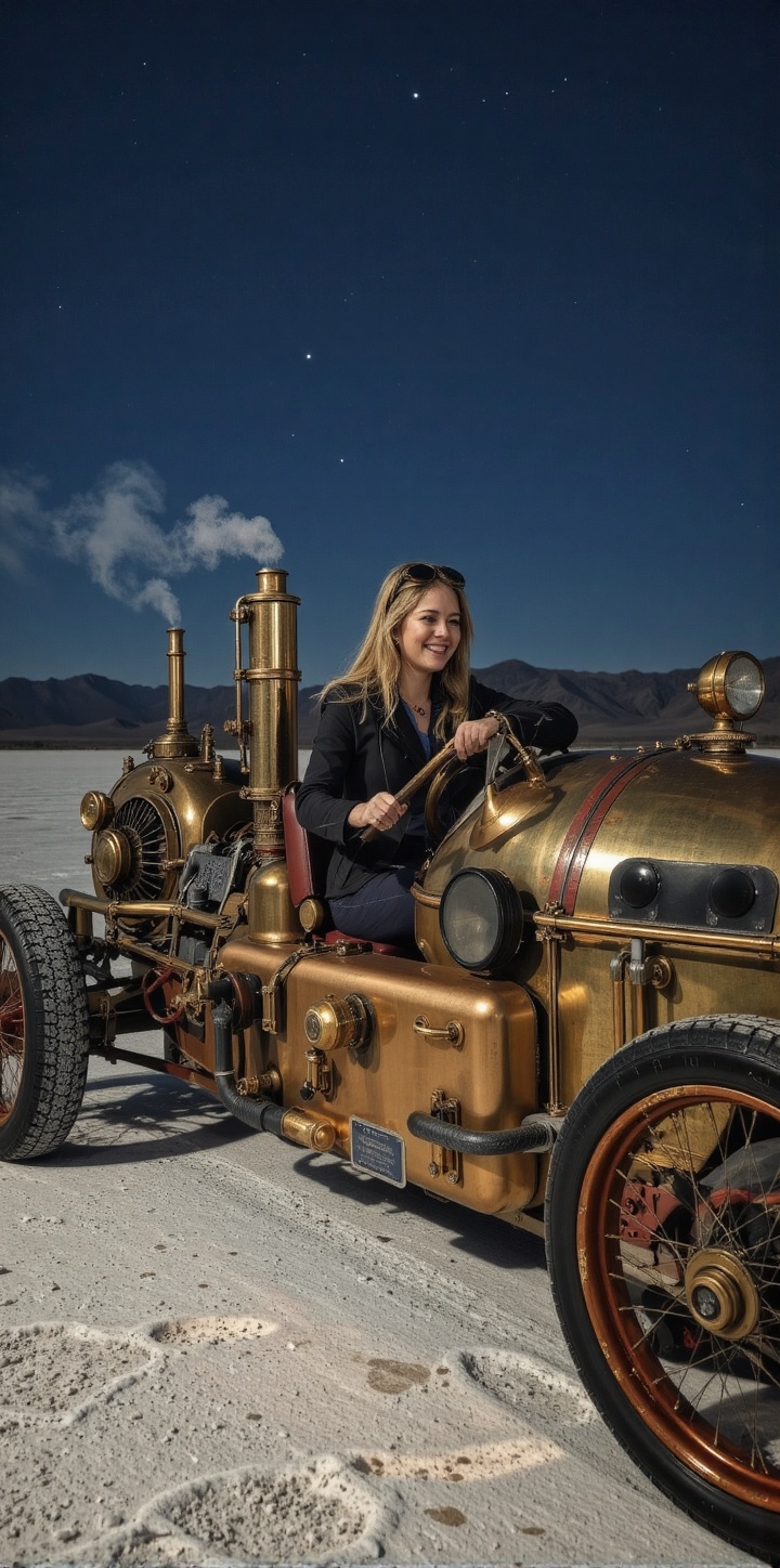 a smilingwoman piloting a sleek brass steam racer across salt flats under moonlight,  goggles down over eyes,  engine emit...
