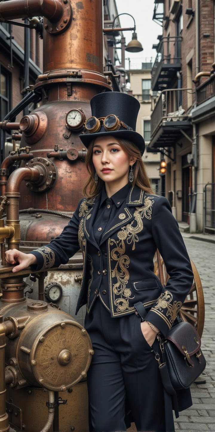 stmpk-style,  a woman wearing a tall top hat with multiple brass goggles,  intricate embroidered jacket on Tensor.Art
