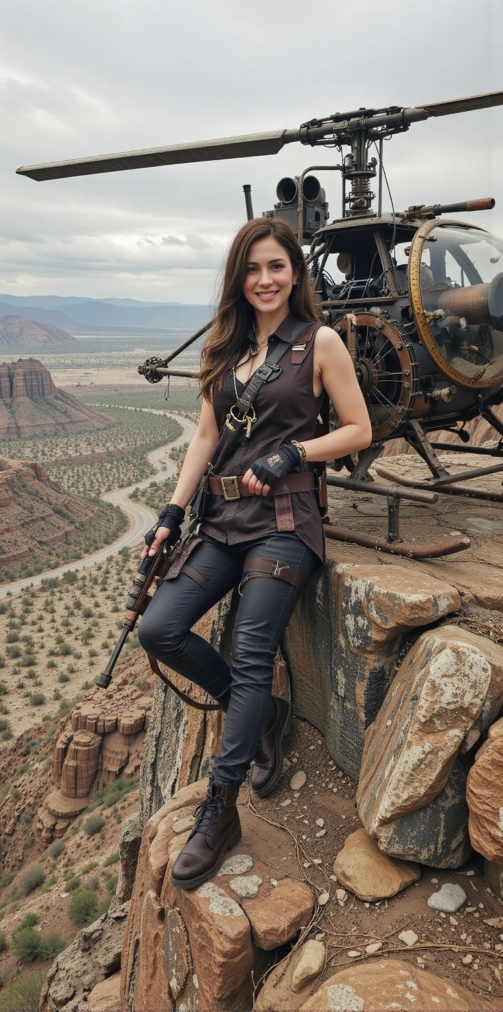 a smiling female bounty hunter holding a modified steampunk rifle,  leaning against a small gyrocopter (flying machine),...