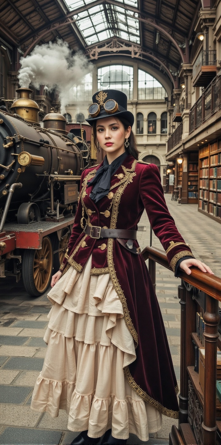 stmpk-style,  women in Victorian steampunk fashion,  mini top hat with goggles on Tensor.Art