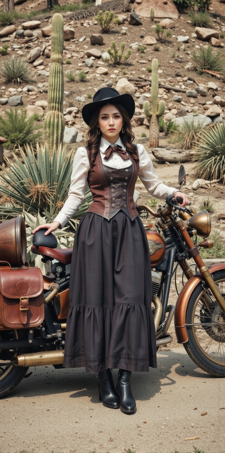 stmpk-style,  a woman in steampunk western attire,  black cowboy hat on Tensor.Art