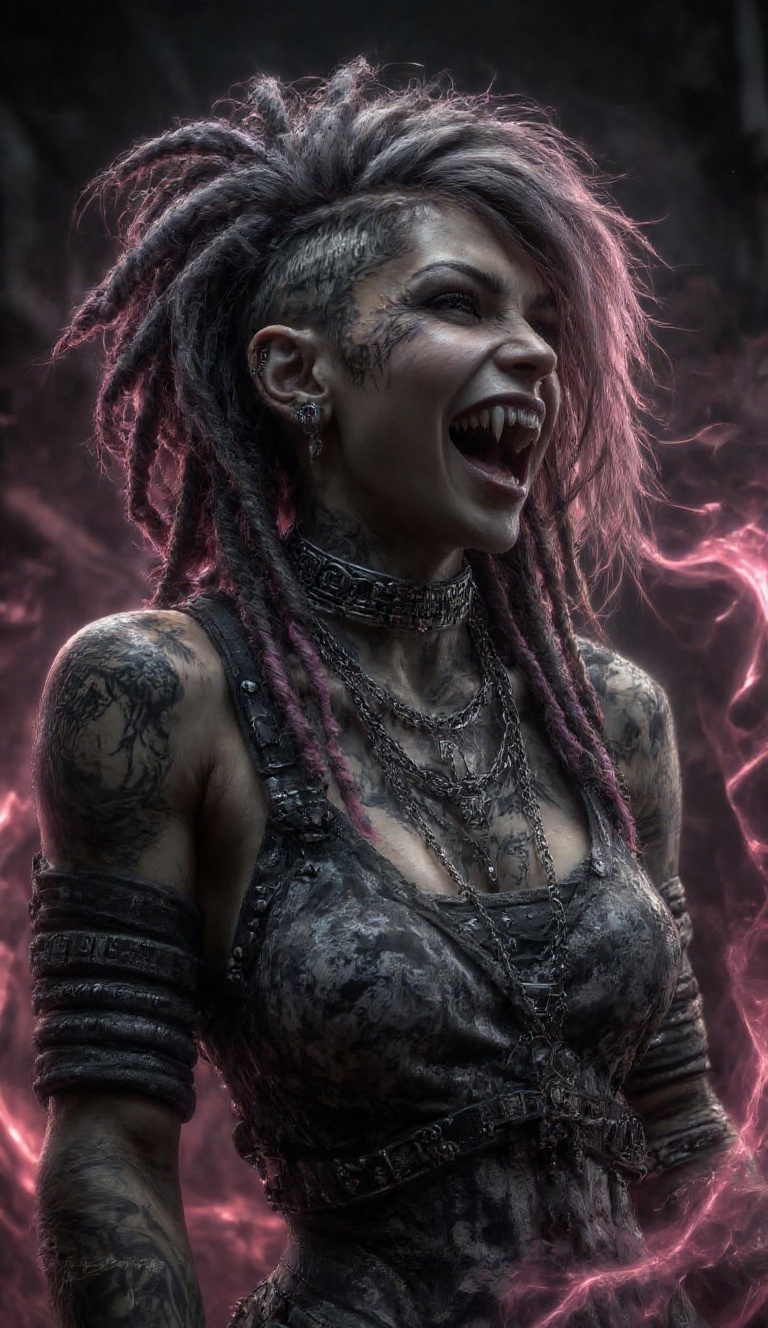 Cinematic dark fantasy portrait of a rebellious punk female character with a wild,  aggressive laugh,  baring sharp vampir...