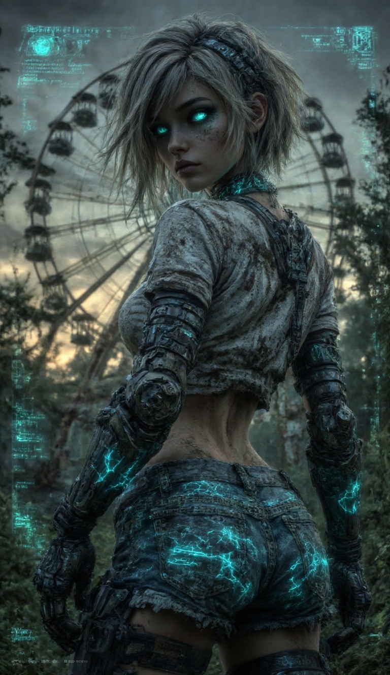 Cinematic digital art,  gritty post-apocalyptic cyberpunk girl with a messy windswept ash-blonde layered bob and sharp wis...