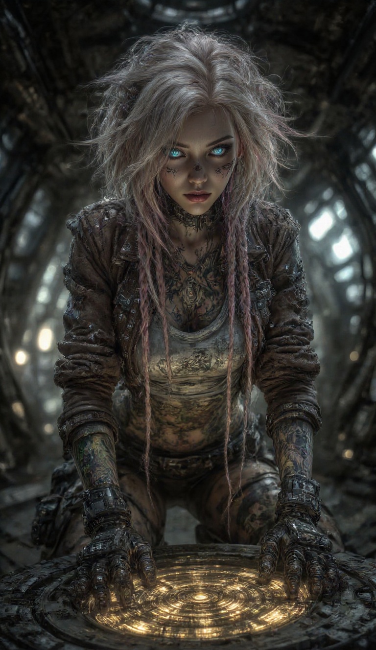 Cinematic digital art of a rebellious young woman with a cyberpunk aesthetic. Her hair is the focal point: voluminous,  me...