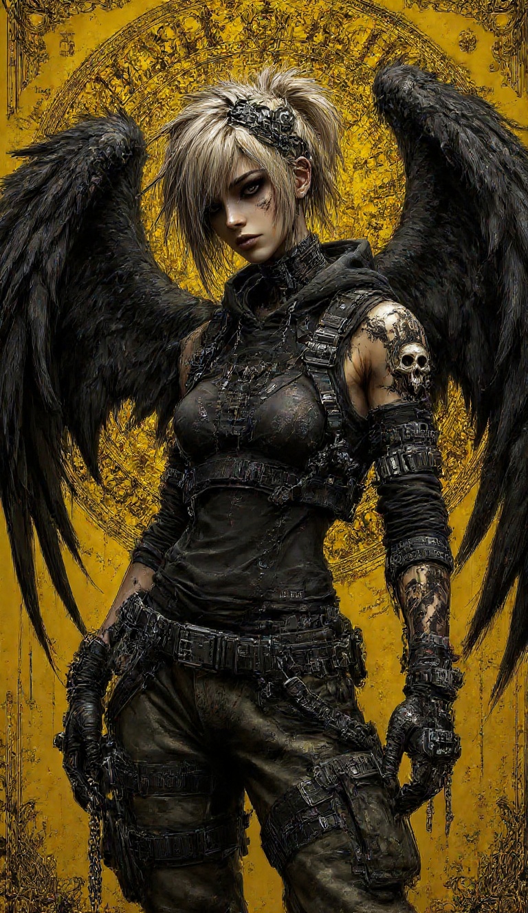 Digital illustration in a dark urban fantasy and techwear aesthetic,  featuring a character with large,  detailed black fe...