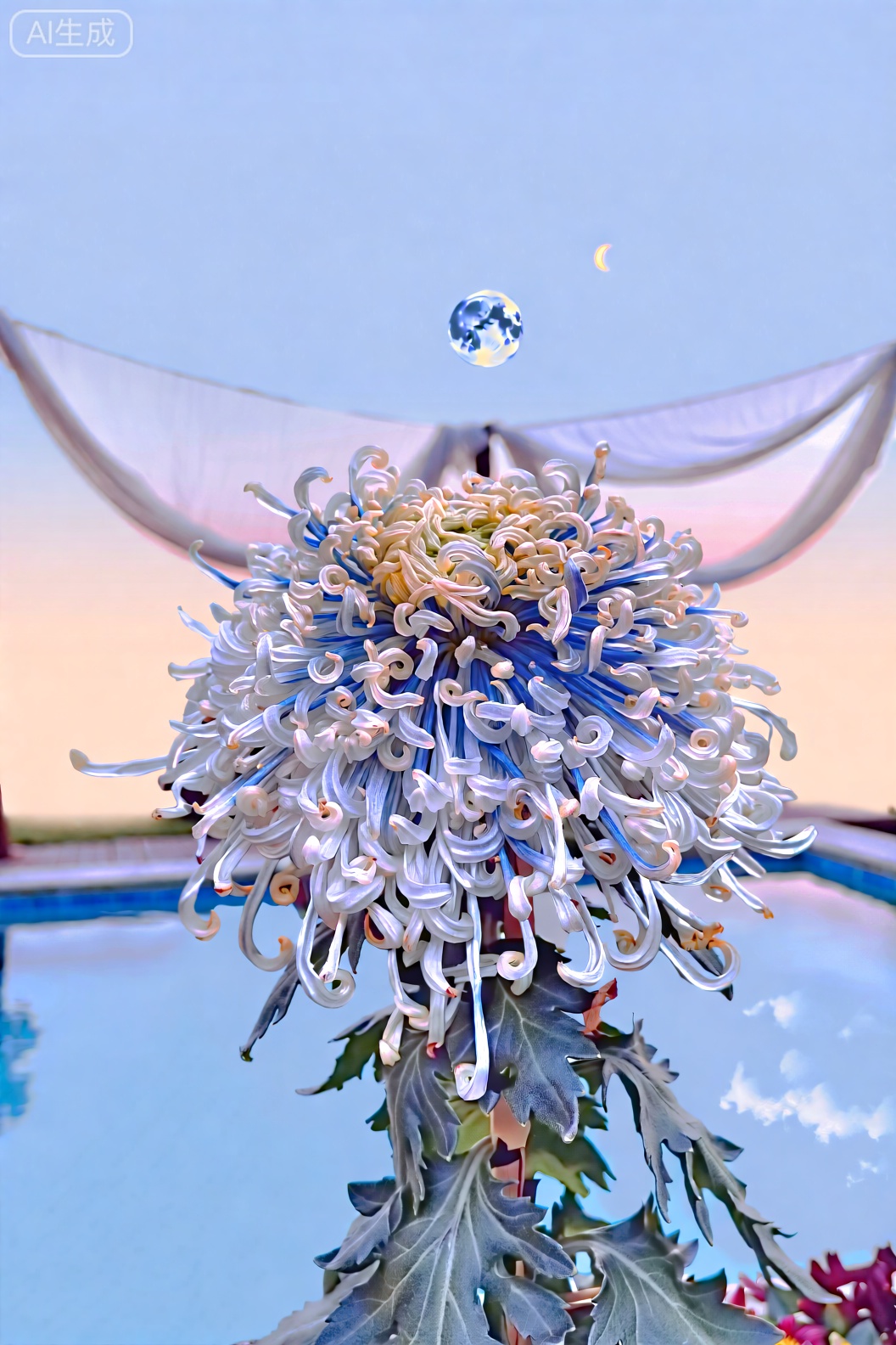 玻璃质感的的重瓣菊花近景特写。菊花花瓣卷曲,晶莹剔透。外层花瓣透明,中间的花瓣过渡至蓝色。银灰色的叶子。着重刻画花瓣复杂精巧的结构。背景是黄昏的天空。飘在空中的纱帘,后面有一个小小的月亮。清澈的泳池水面。色彩柔和,梦幻、优雅、宁静。高清4k摄影,极致细节。