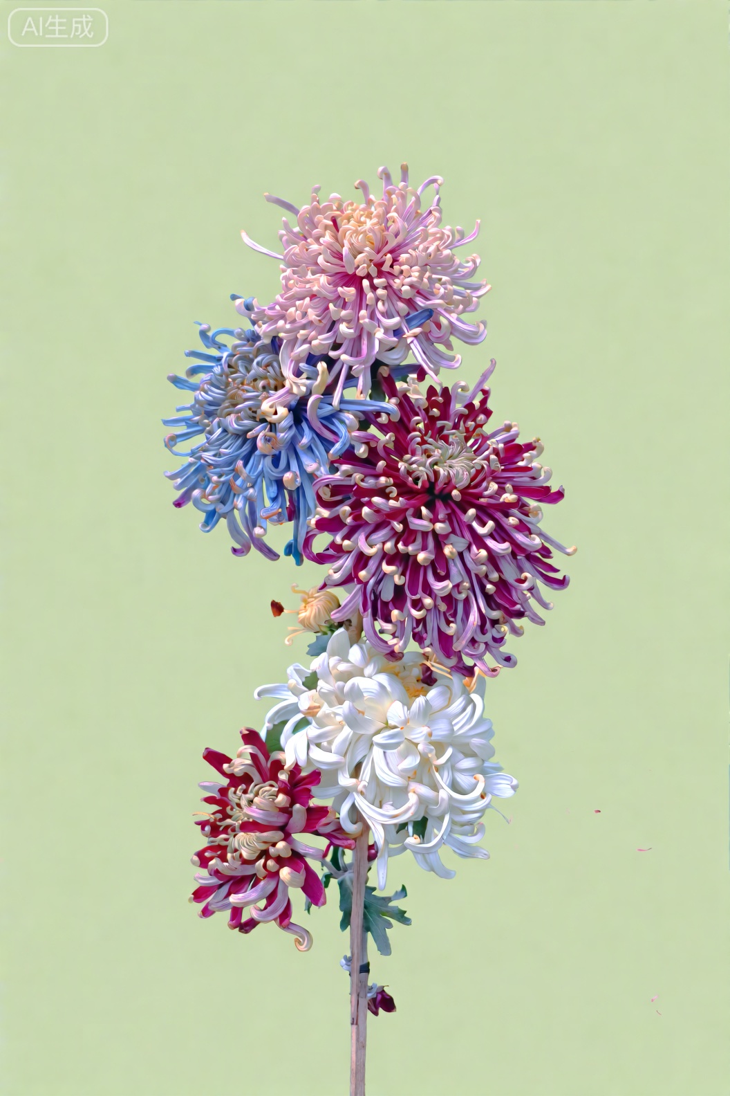 一根木头上开满了重瓣菊花,有粉色、蓝色、紫色、红色、白色。紫色和红色菊花的花瓣修长,末端卷曲。白色菊花的形态朴素。中心对称构图。背景是浅绿色纯色。光线柔和均匀,细腻的光透感,故事感,高清摄影,8K,丰富的细节。色彩和谐而丰富,优雅的梦幻感。