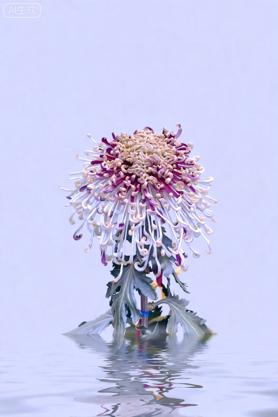 许多玻璃质感的的重瓣菊花。菊花花瓣卷曲,晶莹剔透。外层花瓣透明,中间的花瓣过渡至黑色,花瓣末端为紫色。银色的叶子。着重刻画花瓣复杂精巧的结构。菊花开在波光粼粼的水面上,浓厚的雾气笼罩。色彩柔和偏灰色,梦幻、空灵、超现实主义。高清4k摄影,极致细节。