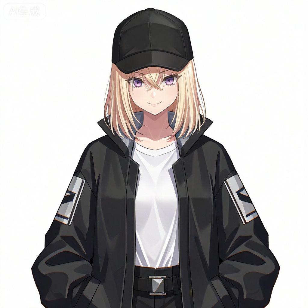 masterpiece, best quality,solo,white background,simple_background,Misumi Uika,cybersaki_style,blonde hair bangs,purple eyes,smile,medium hair,hair between eyes,white shirt,baseball cap,black coat,open coat,open clothes,jacket