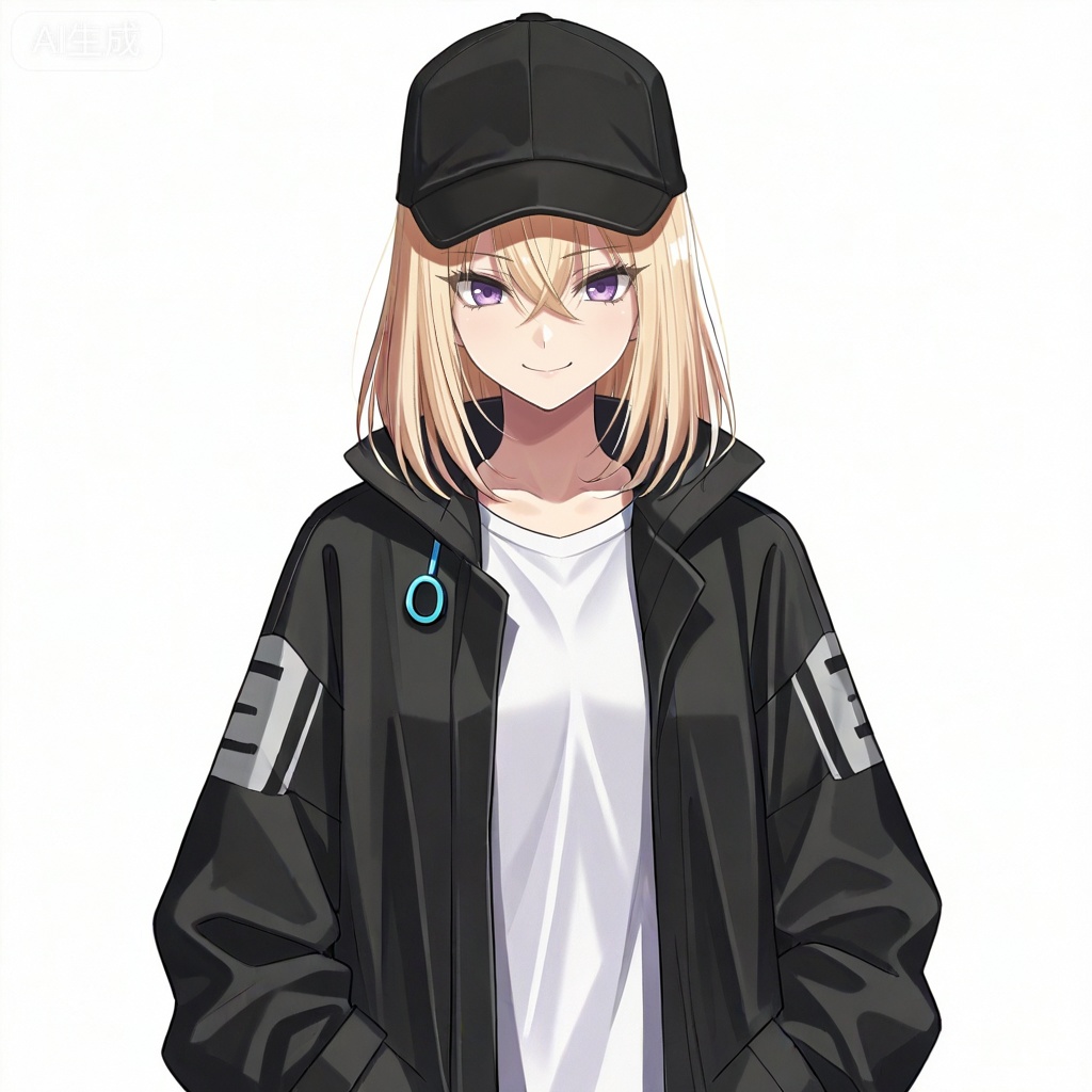 masterpiece, best quality,solo,white background,simple_background,Misumi Uika,cybersaki_style,blonde hair bangs,purple eyes,smile,medium hair,hair between eyes,white shirt,baseball cap,black coat,open coat,open clothes,jacket
