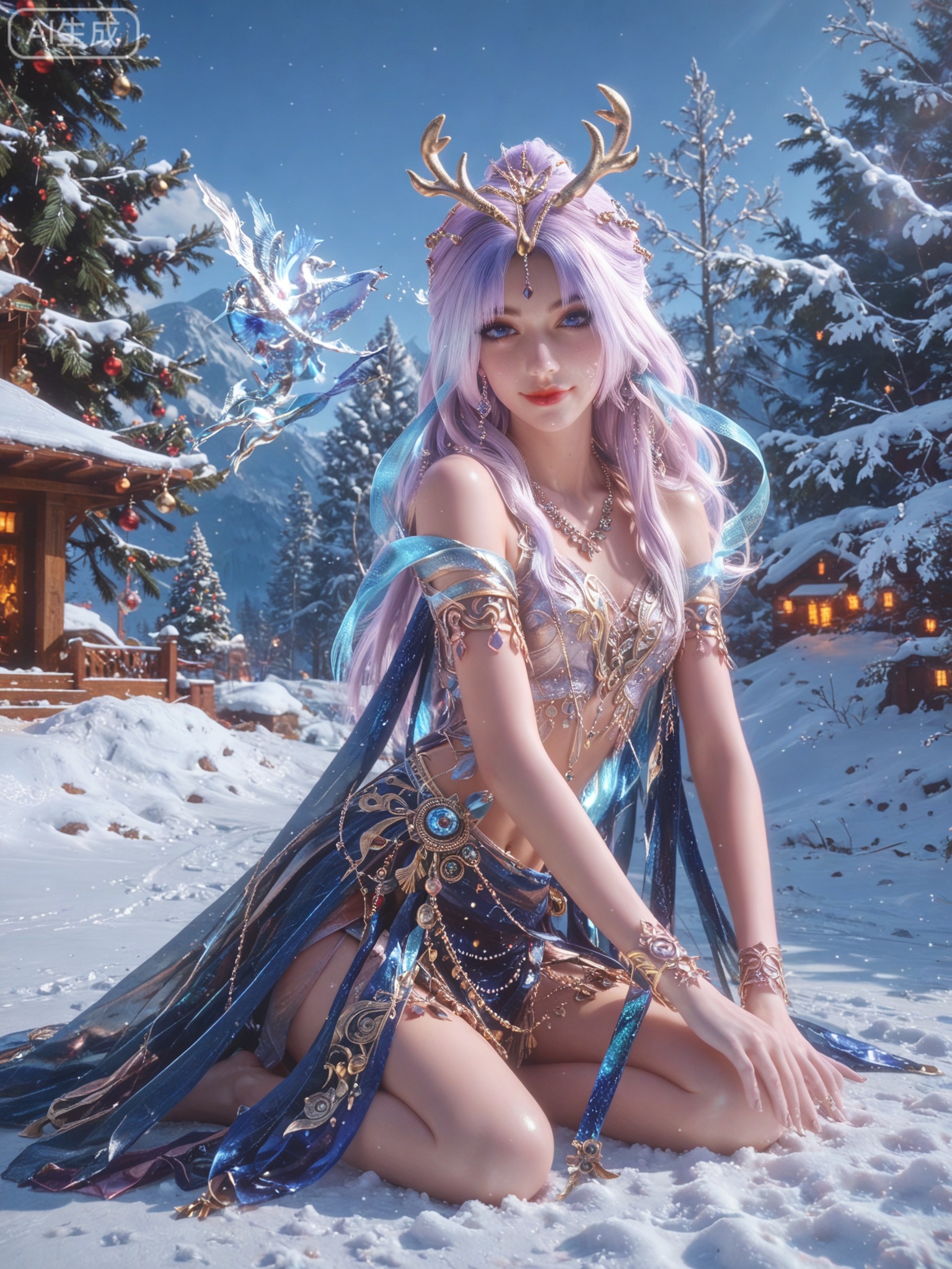 score_9,score_8_up,score_7_up,masterpiece,(best quality),(intricate details:0.9) BREAK (intricate details:0.9),(realistic skin:1.2),masterpiece,best quality,newest,absurdres,hiahres,1girl,jewelry,hair ornament,dress,necklace,lips,eyeshadow,bracelet,tassel,(8k ultra-clear, pony style),photo pose 0.6, micro-expression: soft smile 0.3, half-body + medium shot 0.7,1girl,looking_at_viewer,1boy,hair,realistic,photorealistic,Vivid Colors,bright environment,shiny skin,shiny hairjewelry,detail eyes,Eyes highlights,glowing,sunshine,bright,reflection,bright,sunshine on face,shiny,shinny,petite,thin,leg slimming,lose weight,slim hips,lakeside,delicate water,reflection,(full body:1.3)sitting_down,eyelashes,snow,Winter,Snowy landscape,Snow accumulation,Christmas tree,