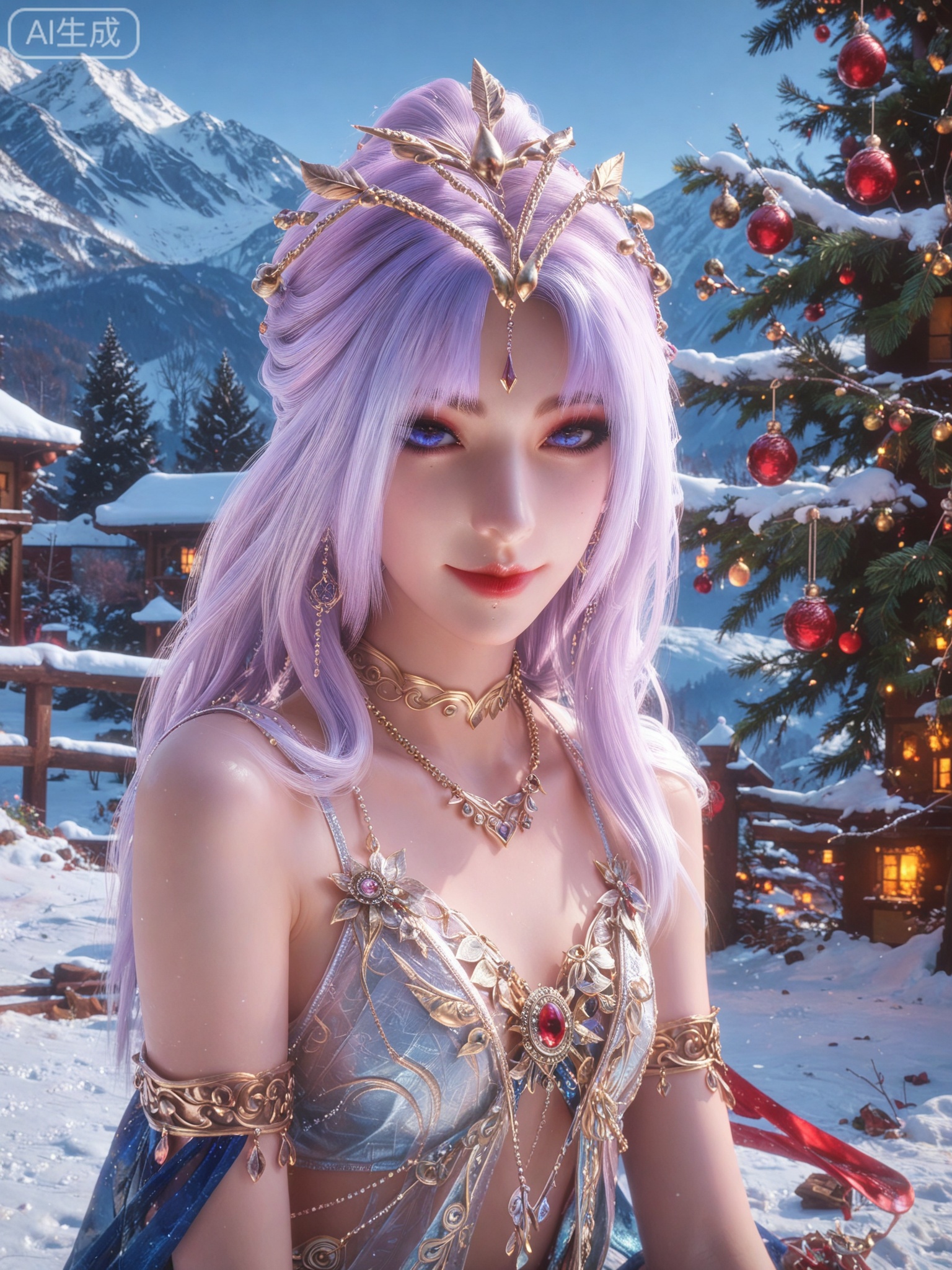 score_9,score_8_up,score_7_up,masterpiece,(best quality),(intricate details:0.9) BREAK (intricate details:0.9),(realistic skin:1.2),masterpiece,best quality,newest,absurdres,hiahres,1girl,jewelry,hair ornament,dress,necklace,lips,eyeshadow,bracelet,tassel,(8k ultra-clear, pony style),photo pose 0.6, micro-expression: soft smile 0.3, half-body + medium shot 0.7,1girl,looking_at_viewer,1boy,hair,realistic,photorealistic,Vivid Colors,bright environment,shiny skin,shiny hairjewelry,detail eyes,Eyes highlights,glowing,sunshine,bright,reflection,bright,sunshine on face,shiny,shinny,petite,thin,leg slimming,lose weight,slim hips,lakeside,delicate water,reflection,(full body:1.3)sitting_down,eyelashes,snow,Winter,Snowy landscape,Snow accumulation,Christmas tree,