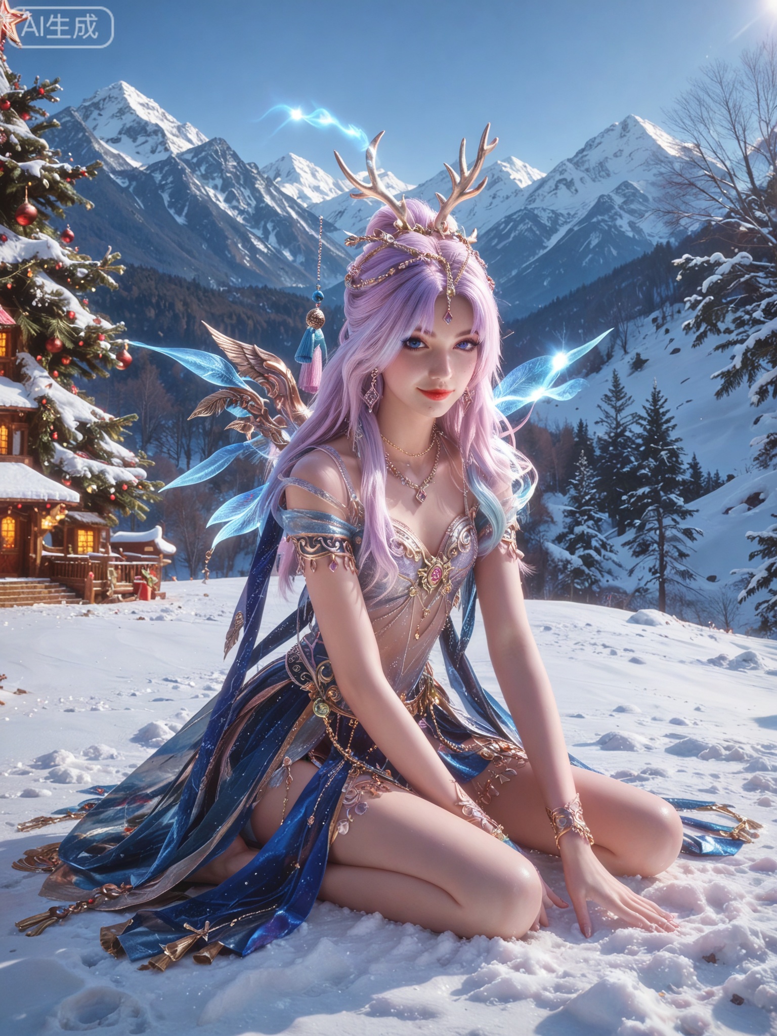 score_9,score_8_up,score_7_up,masterpiece,(best quality),(intricate details:0.9) BREAK (intricate details:0.9),(realistic skin:1.2),masterpiece,best quality,newest,absurdres,hiahres,1girl,jewelry,hair ornament,dress,necklace,lips,eyeshadow,bracelet,tassel,(8k ultra-clear, pony style),photo pose 0.6, micro-expression: soft smile 0.3, half-body + medium shot 0.7,1girl,looking_at_viewer,1boy,hair,realistic,photorealistic,Vivid Colors,bright environment,shiny skin,shiny hairjewelry,detail eyes,Eyes highlights,glowing,sunshine,bright,reflection,bright,sunshine on face,shiny,shinny,petite,thin,leg slimming,lose weight,slim hips,lakeside,delicate water,reflection,(full body:1.3)sitting_down,eyelashes,snow,Winter,Snowy landscape,Snow accumulation,Christmas tree,