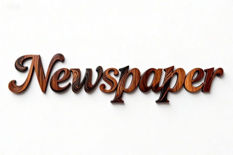 A photo shows a word "Newspaper" written in an artistic cursive font,made from rich brown wood with a lighter brown grain pattern. The letters are three-dimensional,glossy,and the background is simple white. The natural wood grain and polished surface of the wood add a warm and rustic feeling to the text.,