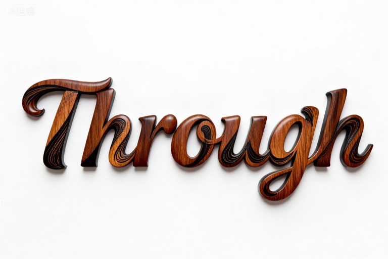 A photo shows a word "Through" written in an artistic cursive font,made from rich brown wood with a lighter brown grain pattern. The letters are three-dimensional,glossy,and the background is simple white. The natural wood grain and polished surface of the wood add a warm and rustic feeling to the text.,