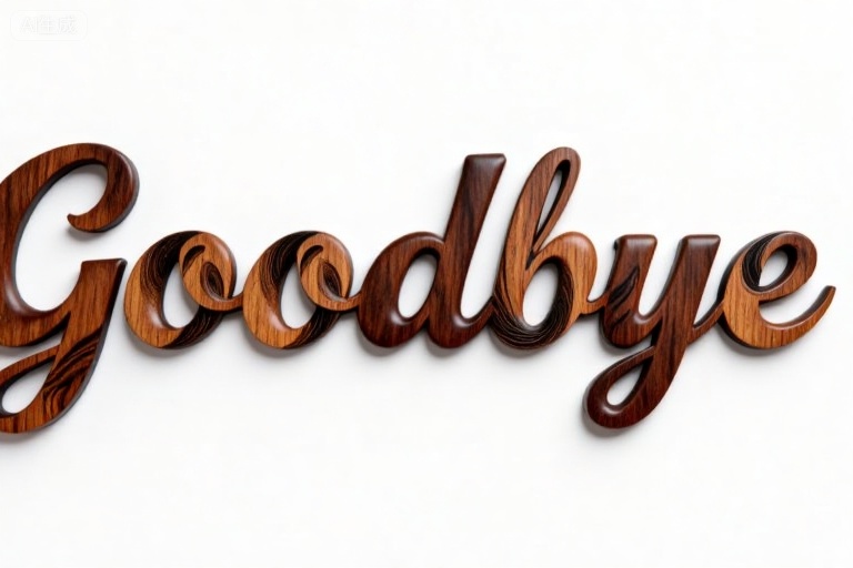 A photo shows a word "Goodbye" written in an artistic cursive font,made from rich brown wood with a lighter brown grain pattern. The letters are three-dimensional,glossy,and the background is simple white. The natural wood grain and polished surface of the wood add a warm and rustic feeling to the text.,