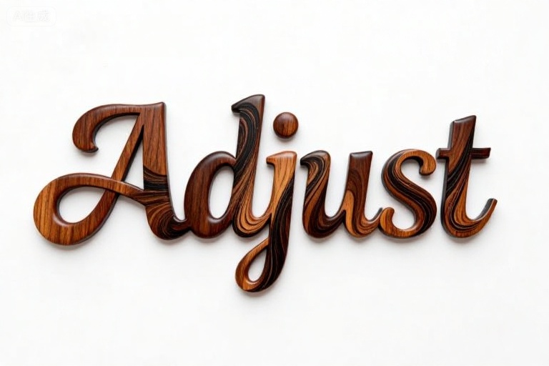 A photo shows a word "Adjust" written in an artistic cursive font,made from rich brown wood with a lighter brown grain pattern. The letters are three-dimensional,glossy,and the background is simple white. The natural wood grain and polished surface of the wood add a warm and rustic feeling to the text.,