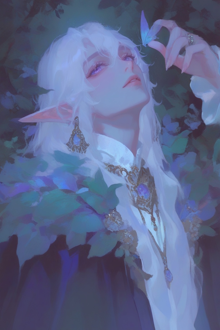 painterly_cotton_niji. The image depicts a fantasy-style character with ethereal features,  including pointed ears and flo...