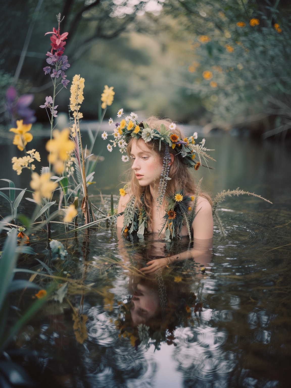 A tender river nymph â a young,  ethereal woman captured in the style of a surreal film still. She wears a natural wreat...