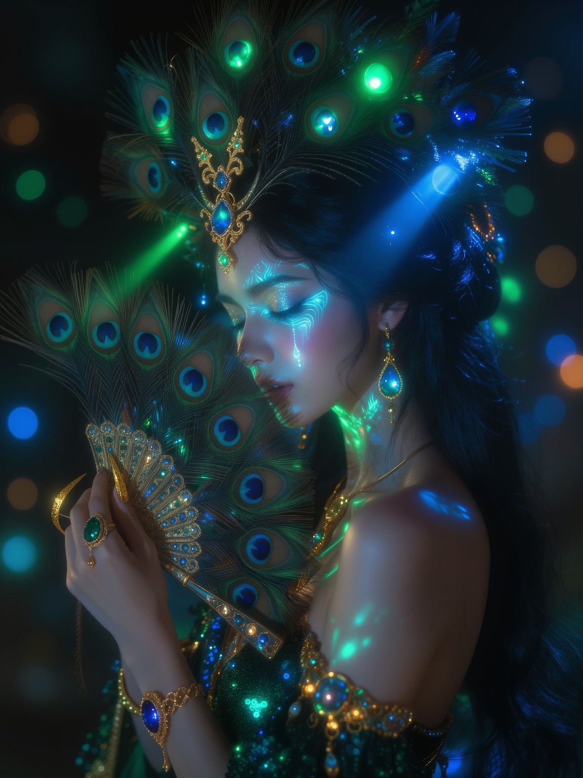 Hyperrealistic 8K fantasy painting of a serene woman with closed eyes&flawless glowing skin.Her face features intricate gl...