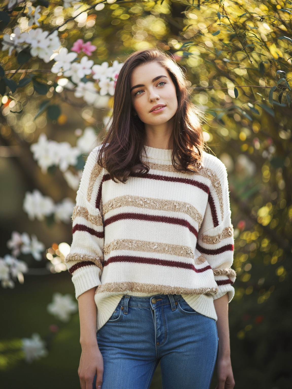 Anna Malygon stands casually,  dressed in a striped sweater and denim jeans,  her eyes gently gazing upwards with a soft o...