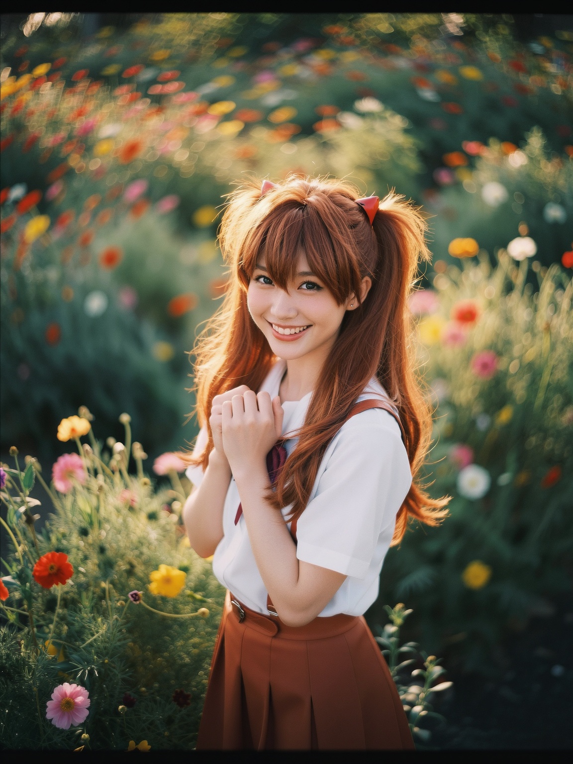 Asuka Langley Soryu's radiant smile illuminates the vibrant blooms as she stands amidst the lush,  colorful field of flowe...