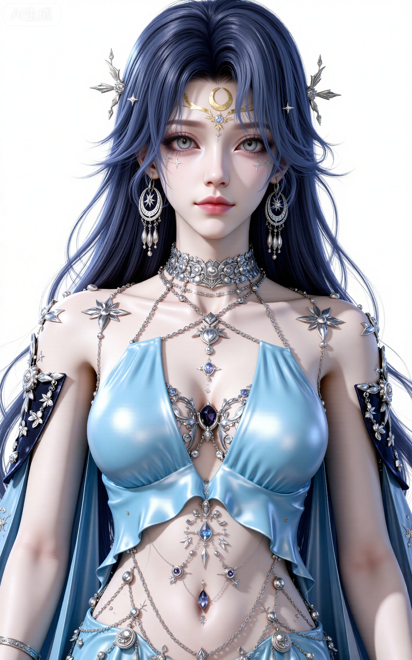 4K,best quality,high details,absurdres,masterpiece,
lvjing,luxueqi,baoshi,
xila, 1girl, jewelry, solo, earrings, looking at viewer, long hair, breasts, white background, blue eyes, blue hair, navel, facial mark, simple background, bracelet, midriff, necklace, bare shoulders, crescent, medium breasts, closed mouth, upper body, lips, forehead mark,
day,shadow,yinhuan