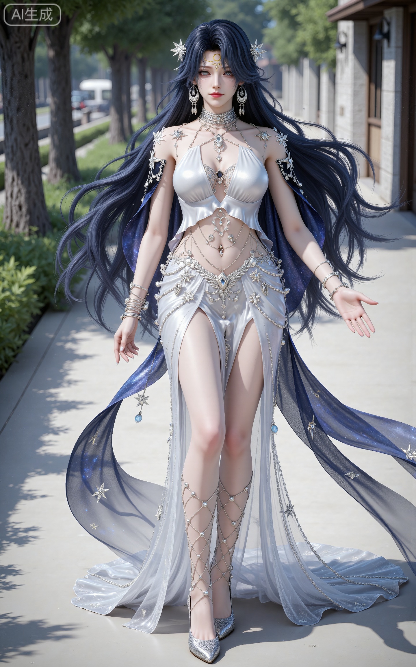 4K,best quality,high details,absurdres,masterpiece,
lvjing,luxueqi,baoshi,
xila, 1girl, jewelry, solo, earrings, looking at viewer, long hair, breasts, blue eyes, blue hair, navel, facial mark,  bracelet, midriff, necklace, bare shoulders, crescent, medium breasts, closed mouth,  lips, forehead mark,
breasts, jewelry, black hair, high heels, long hair, earrings, bracelet, full body, white dress, dress,  navel, cleavage, looking at viewer, white footwear,standing,
day,shadow,outdoor,nature,