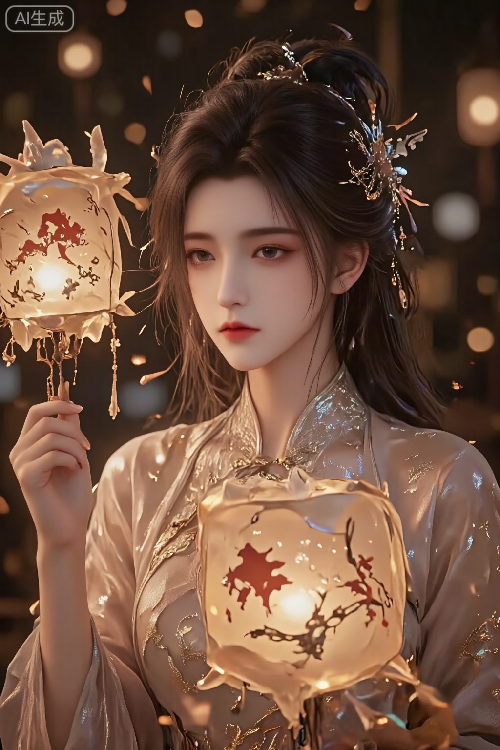 A young Chinese woman,alone,short hair,Close-up,1girl,Without wearing any clothing,half body unbuttoned buttonabsurdres, Japanese kimono, ,holding a traditional paper lantern,rabbit-themed lantern,traditional clothing,Hanfu,white blouse,intricate embroidery,wooden hair sticks,tied hair,serene expression,low-light setting,warm illumination,lantern festival,blurred bokeh background,nighttime,cultural celebration,medium shot,focus on person,soft lighting,festive atmosphere,gentle smile,traditional Chinese attire,festive night,decorative accessories,calm background,subtle makeup,candid moment,cultural heritage,festive lights,Chinese New Year,depth of field,delicate craftsmanship,handheld lantern,cultural tradition,peaceful ambiance,traditional festival attire,celebration of light,luxueqi