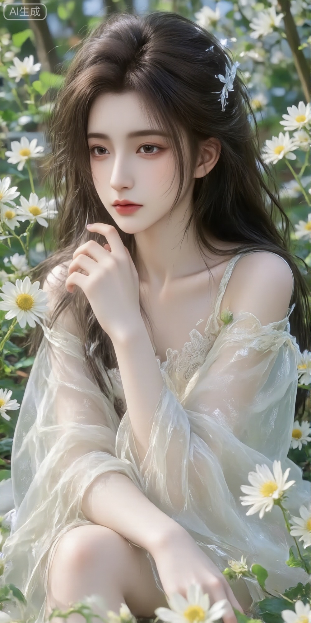 This is a photograph of a young Asian woman with fair skin and delicate features,sitting amidst a lush field of white daisies. She has dark,wavy hair adorned with a white lace bow. She wears a white,off-the-shoulder blouse with puffy sleeves,enhancing her ethereal,fairy-like appearance. Her expression is soft and contemplative,with a hint of melancholy. The background is a blur of greenery and more daisies,creating a dreamy,almost otherworldly atmosphere. The lighting is natural and diffused,casting a gentle glow on her face and the flowers,fresh,beauty,Black pantyhose,Ninger,luxueqi