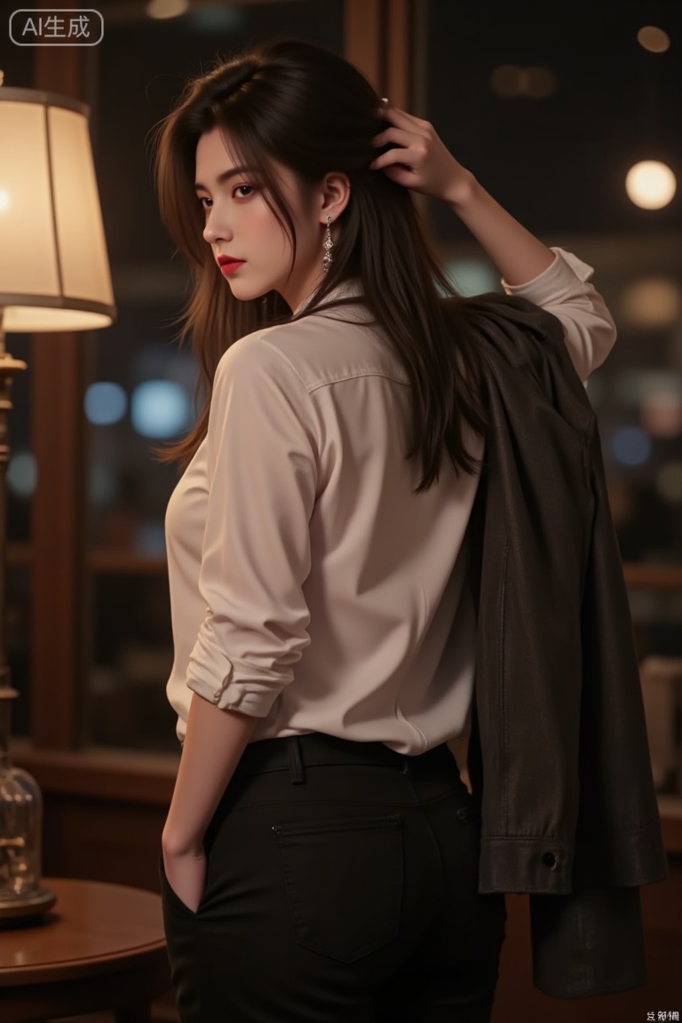 1girl, solo, long hair, brown hair, shirt, black hair, jewelry, standing, jacket, white shirt, cowboy shot, earrings, pants, indoors, from behind, blurry, profile, night, black pants, sleeves rolled up, hand in own hair, hand in pocket, jacket on shoulders, red lips, lamp,luxueqi