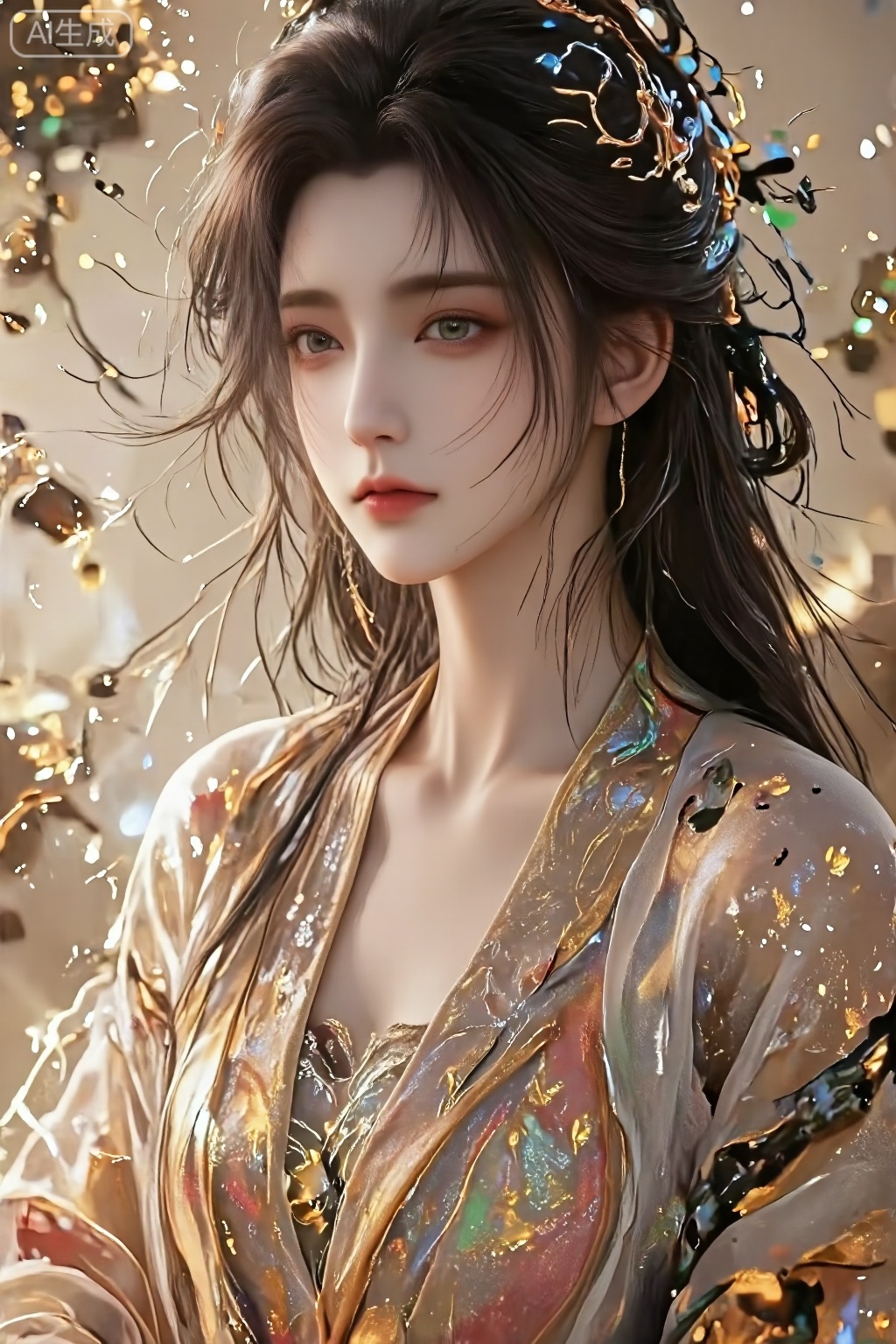  A young Chinese woman,alone,short hair,Close-up,1girl,sexy body,A traditional Japanese ink-on-paper masterpiece blending wabi-sabi aesthetics with a sensual, surreal edge. The artwork features an erotic yet stunning oriental priestess, her delicate face framed by flowing dark hair, bangs, sidelocks. Her captivating green irises glow softly, contrasting against her pale skin, as she gazes seductively at the viewer. Sepia and carmine ink flow harmoniously, She is wearing traditional kimono that slips from her shoulders, revealing deep cleavage. Abstract swirls of henna-hued patterns flow around her form,luxueqi