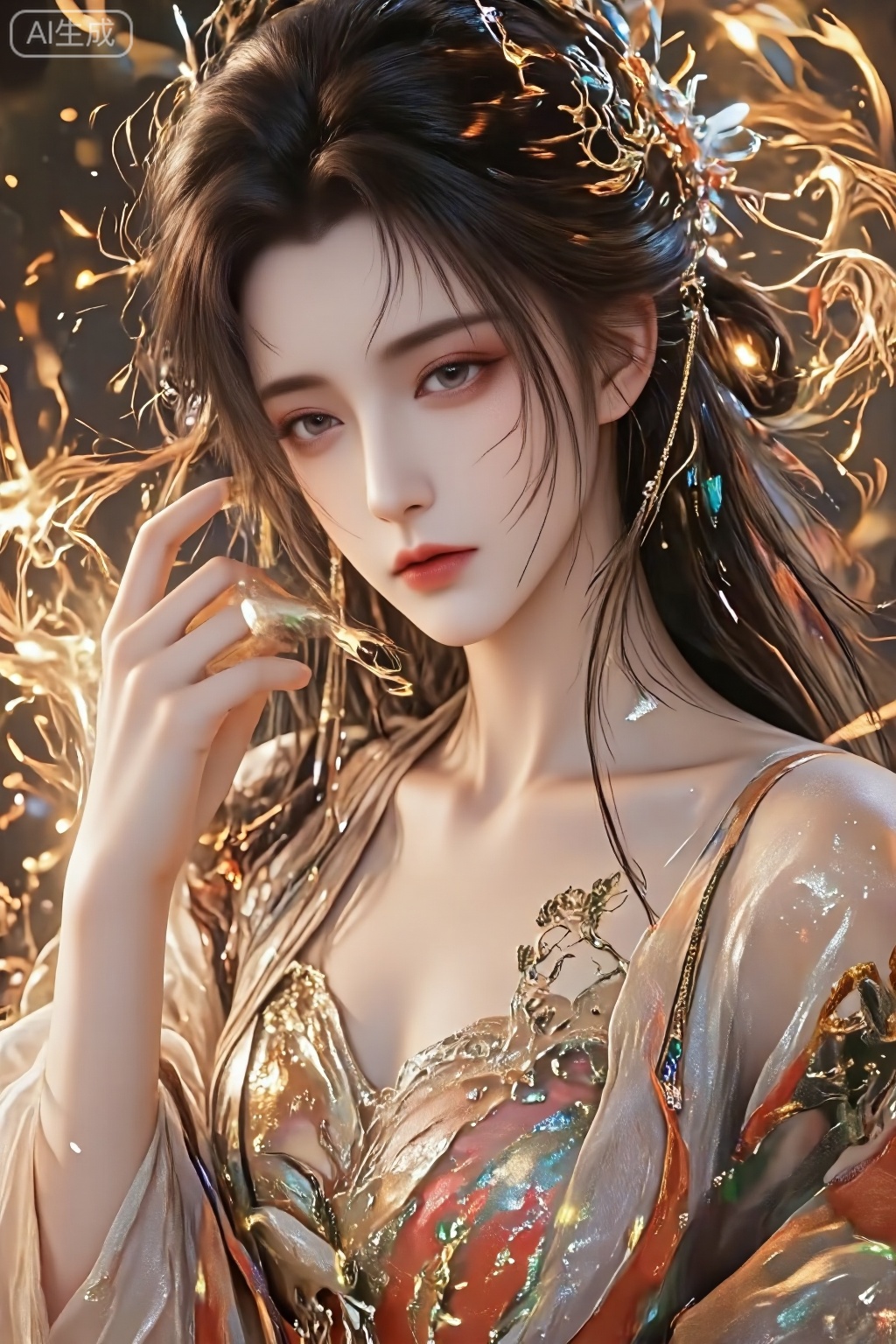  A young Chinese woman,alone,short hair,Close-up,1girl,sexy body,A traditional Japanese ink-on-paper masterpiece blending wabi-sabi aesthetics with a sensual, surreal edge. The artwork features an erotic yet stunning oriental priestess, her delicate face framed by flowing dark hair, bangs, sidelocks. Her captivating green irises glow softly, contrasting against her pale skin, as she gazes seductively at the viewer. Sepia and carmine ink flow harmoniously, She is wearing traditional kimono that slips from her shoulders, revealing deep cleavage. Abstract swirls of henna-hued patterns flow around her form,luxueqi