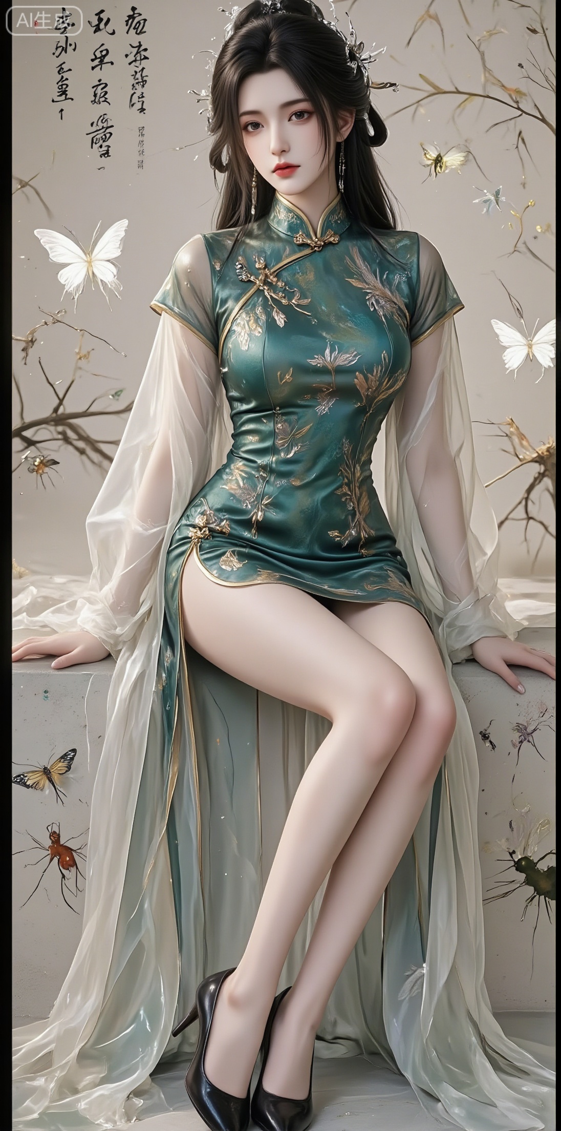 1girl, solo, long hair, looking at viewer, black hair, hair ornament, thighhighs, dress, sitting, closed mouth, full body,  high heels, chinese clothes, bug, butterfly, green dress, chinese text,jinghongzy,cheongsam,side slit,hanfu,lace,luxueqi