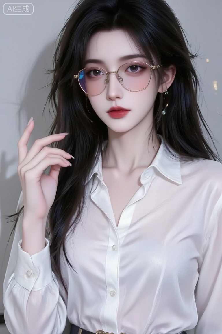 1girl, solo, long hair, shirt, black hair, jewelry, collarbone, upper body, earrings, parted lips, glasses, collared shirt, belt, hand up, lips, makeup, scar, sunglasses, lipstick, red lips, tinted eyewear,huaxiangr,luxueqi