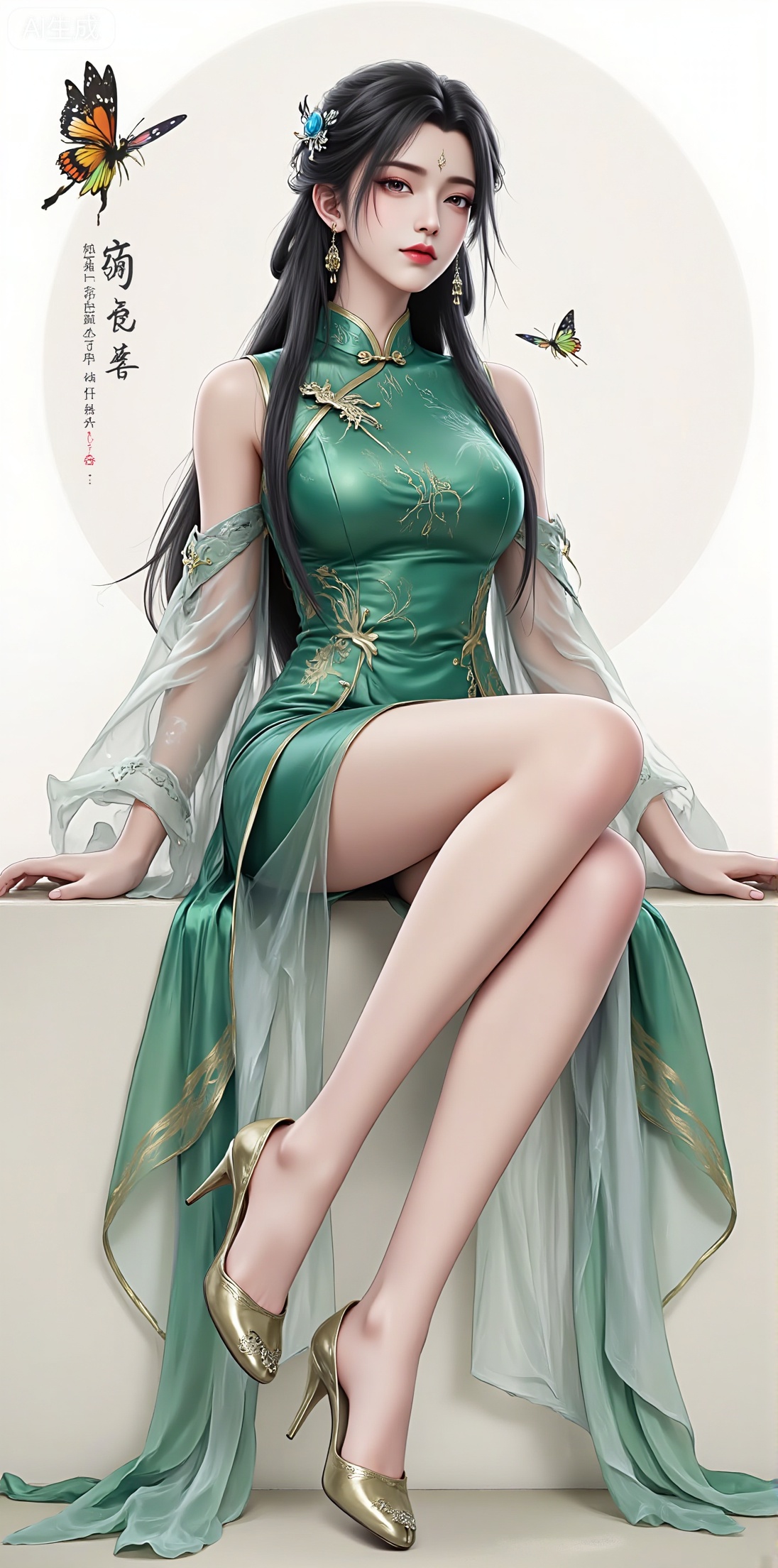 1girl, solo, long hair, looking at viewer, black hair, hair ornament, thighhighs, dress, sitting, closed mouth, full body,  high heels, chinese clothes, bug, butterfly, green dress, chinese text,jinghongzy,cheongsam,side slit,hanfu,lace,luxueqi