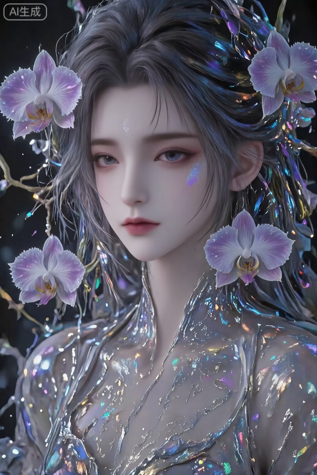 A young Chinese woman,alone,short hair,Close-up,1girl,Without wearing any clothing,half body unbuttoned buttonabsurdres,fine art,Weird and beautiful, orchid metal pearl powdery feeling, light blue glowing pupils, gray-haired and albino skin. Purple Phalaenopsis snake scale texture, apocalypse, flooded, hazy. Pearl texture, reflection, dark fairy tale, Barbie, dark version of Barbie, extreme composition, weird aesthetics, dream core, mourning, coldness, indifference, arrogance, matte texture painting, silver foil rock color, black powder color painting, brushstrokes, texture sense,Ninger,luxueqi