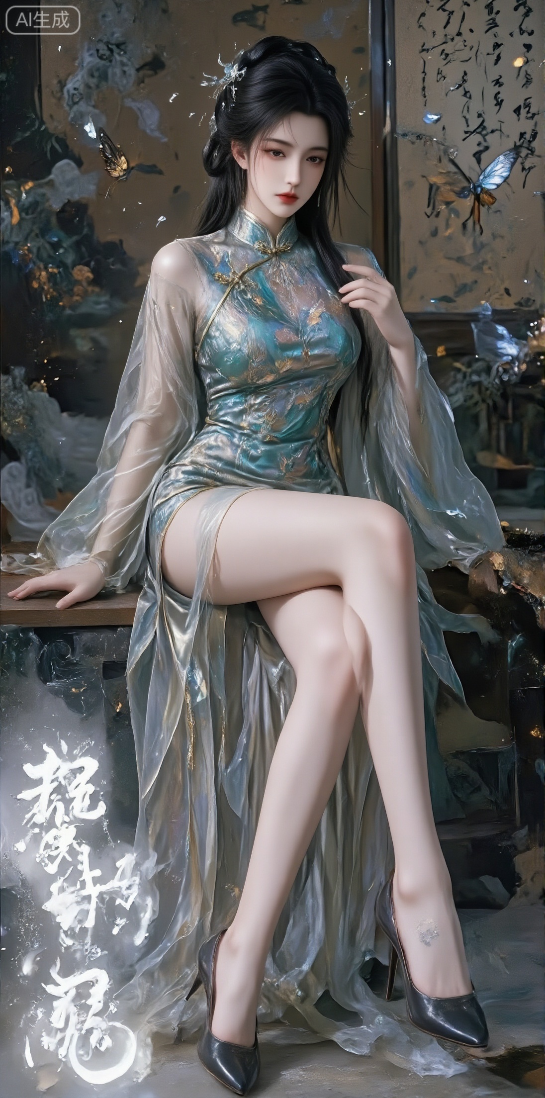 1girl, solo, long hair, looking at viewer, black hair, hair ornament, thighhighs, dress, sitting, closed mouth, full body,  high heels, chinese clothes, bug, butterfly, green dress, chinese text,jinghongzy,cheongsam,side slit,hanfu,lace,luxueqi