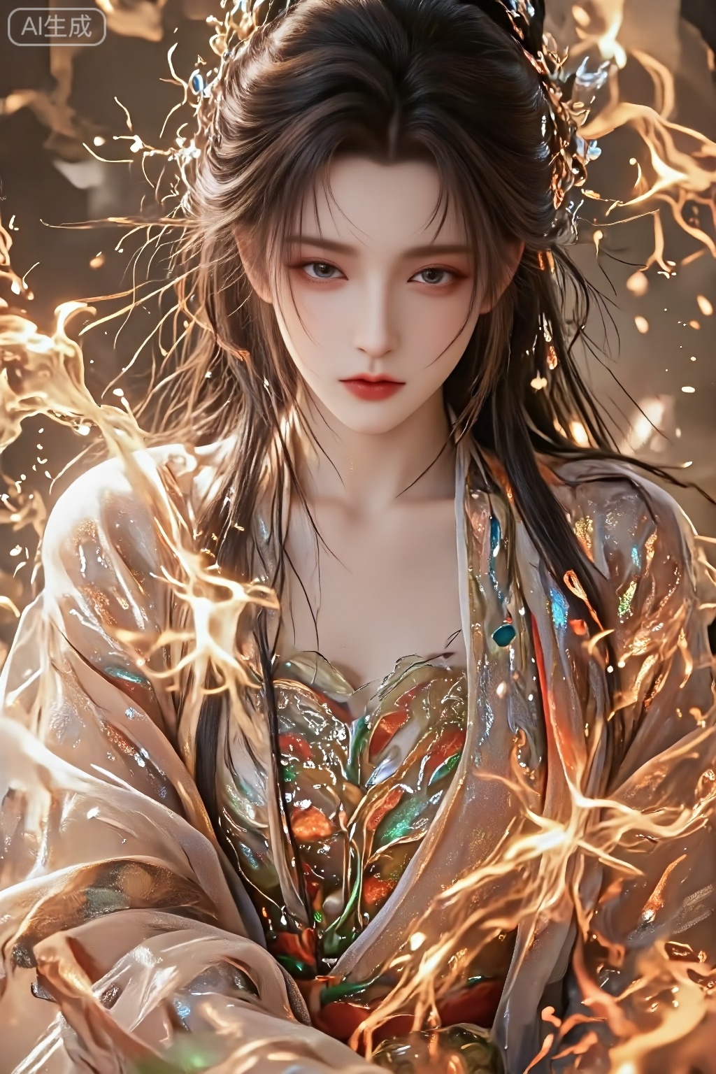  A young Chinese woman,alone,short hair,Close-up,1girl,sexy body,A traditional Japanese ink-on-paper masterpiece blending wabi-sabi aesthetics with a sensual, surreal edge. The artwork features an erotic yet stunning oriental priestess, her delicate face framed by flowing dark hair, bangs, sidelocks. Her captivating green irises glow softly, contrasting against her pale skin, as she gazes seductively at the viewer. Sepia and carmine ink flow harmoniously, She is wearing traditional kimono that slips from her shoulders, revealing deep cleavage. Abstract swirls of henna-hued patterns flow around her form,luxueqi