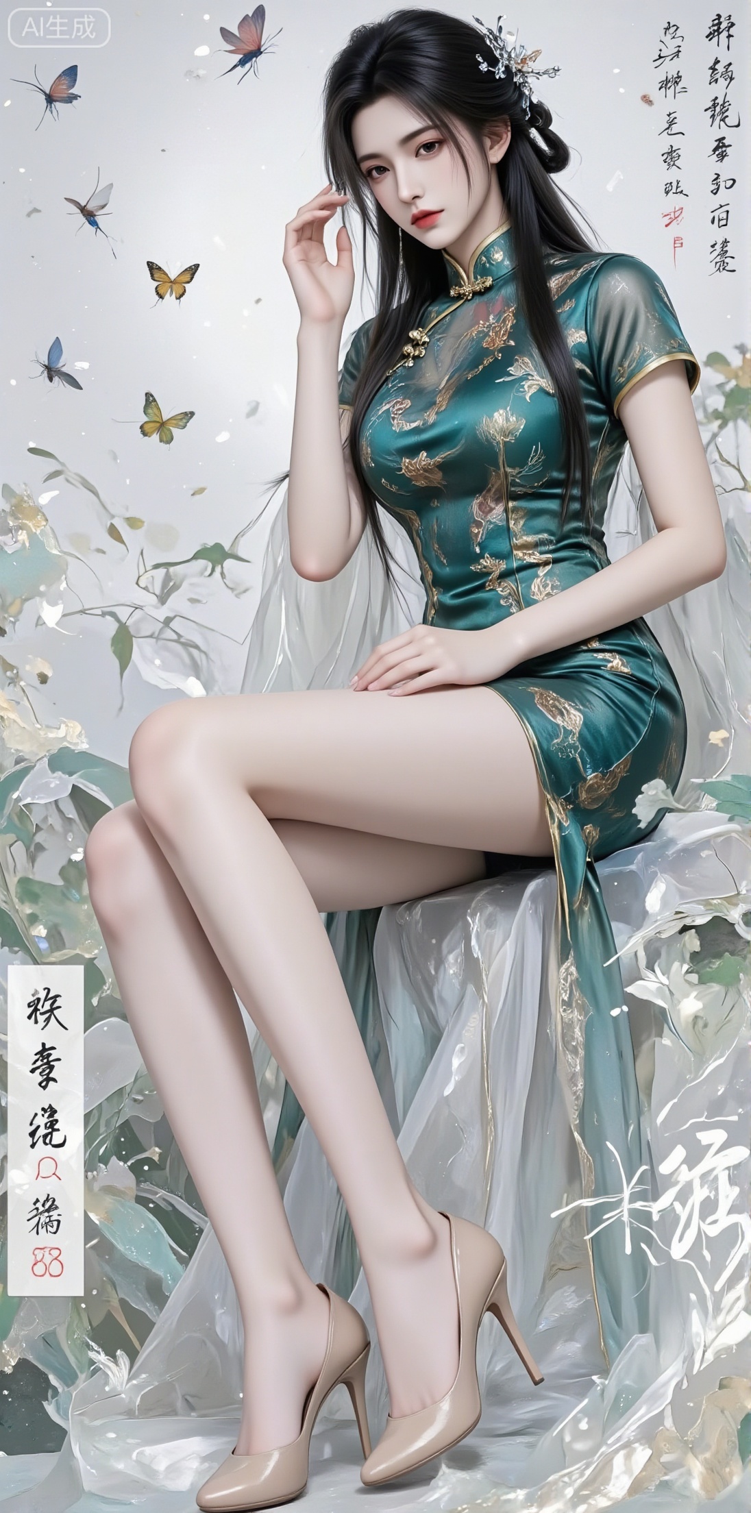 1girl, solo, long hair, looking at viewer, black hair, hair ornament, thighhighs, dress, sitting, closed mouth, full body,  high heels, chinese clothes, bug, butterfly, green dress, chinese text,jinghongzy,cheongsam,side slit,hanfu,lace,luxueqi