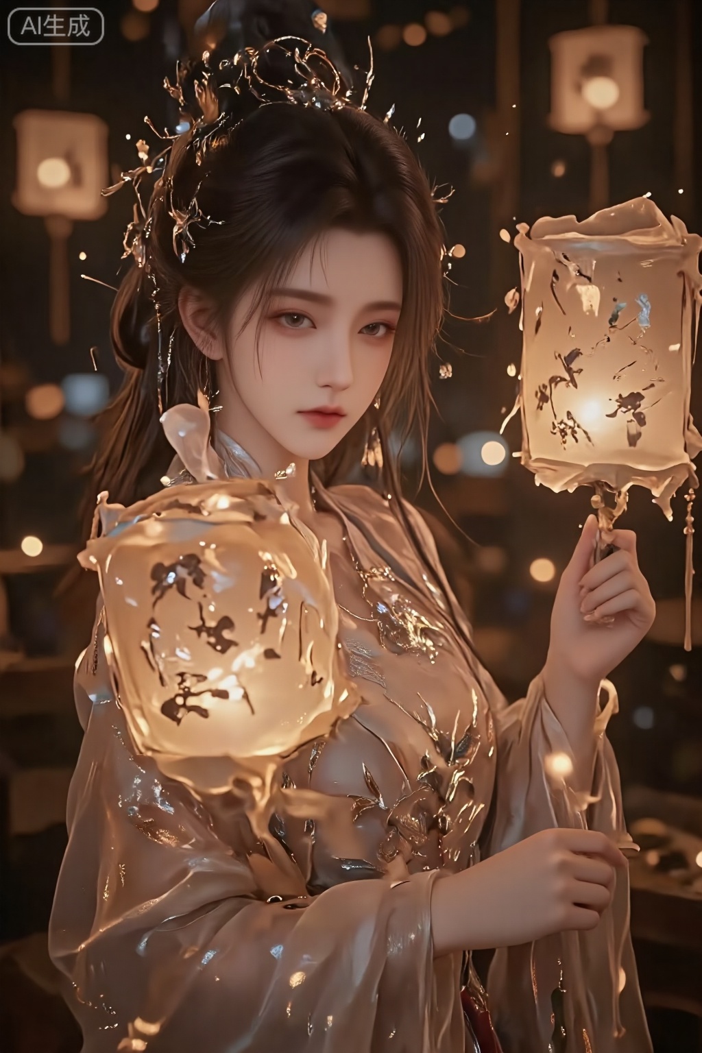 A young Chinese woman,alone,short hair,Close-up,1girl,Without wearing any clothing,half body unbuttoned buttonabsurdres, Japanese kimono, ,holding a traditional paper lantern,rabbit-themed lantern,traditional clothing,Hanfu,white blouse,intricate embroidery,wooden hair sticks,tied hair,serene expression,low-light setting,warm illumination,lantern festival,blurred bokeh background,nighttime,cultural celebration,medium shot,focus on person,soft lighting,festive atmosphere,gentle smile,traditional Chinese attire,festive night,decorative accessories,calm background,subtle makeup,candid moment,cultural heritage,festive lights,Chinese New Year,depth of field,delicate craftsmanship,handheld lantern,cultural tradition,peaceful ambiance,traditional festival attire,celebration of light,luxueqi
