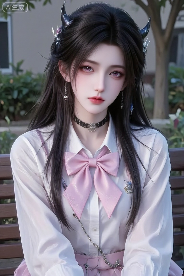 1girl, solo, long hair, looking at viewer, shirt, black hair, hair ornament, bow, jewelry, school uniform, purple eyes, white shirt, upper body, earrings, horns, choker, bowtie, chain, pink bow, bench,huaxiangr,luxueqi