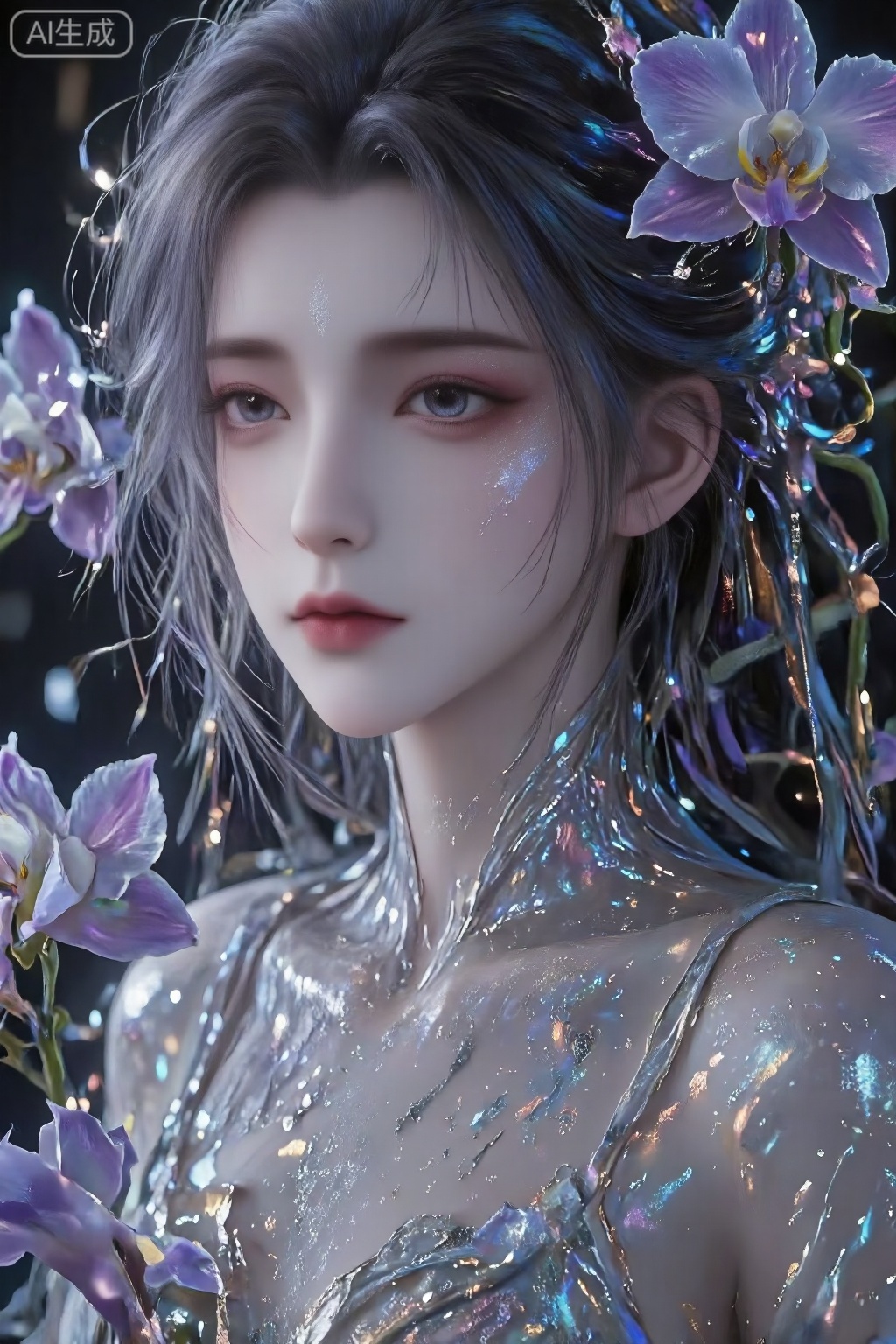 A young Chinese woman,alone,short hair,Close-up,1girl,Without wearing any clothing,half body unbuttoned buttonabsurdres,fine art,Weird and beautiful, orchid metal pearl powdery feeling, light blue glowing pupils, gray-haired and albino skin. Purple Phalaenopsis snake scale texture, apocalypse, flooded, hazy. Pearl texture, reflection, dark fairy tale, Barbie, dark version of Barbie, extreme composition, weird aesthetics, dream core, mourning, coldness, indifference, arrogance, matte texture painting, silver foil rock color, black powder color painting, brushstrokes, texture sense,Ninger,luxueqi