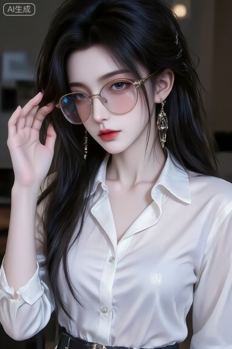 1girl, solo, long hair, shirt, black hair, jewelry, collarbone, upper body, earrings, parted lips, glasses, collared shirt, belt, hand up, lips, makeup, scar, sunglasses, lipstick, red lips, tinted eyewear,huaxiangr,luxueqi