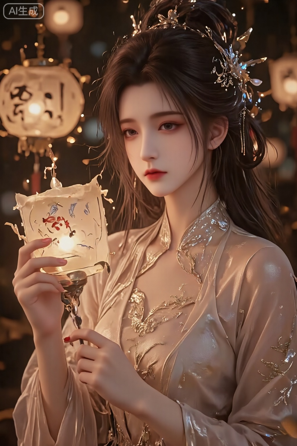 A young Chinese woman,alone,short hair,Close-up,1girl,Without wearing any clothing,half body unbuttoned buttonabsurdres, Japanese kimono, ,holding a traditional paper lantern,rabbit-themed lantern,traditional clothing,Hanfu,white blouse,intricate embroidery,wooden hair sticks,tied hair,serene expression,low-light setting,warm illumination,lantern festival,blurred bokeh background,nighttime,cultural celebration,medium shot,focus on person,soft lighting,festive atmosphere,gentle smile,traditional Chinese attire,festive night,decorative accessories,calm background,subtle makeup,candid moment,cultural heritage,festive lights,Chinese New Year,depth of field,delicate craftsmanship,handheld lantern,cultural tradition,peaceful ambiance,traditional festival attire,celebration of light,luxueqi