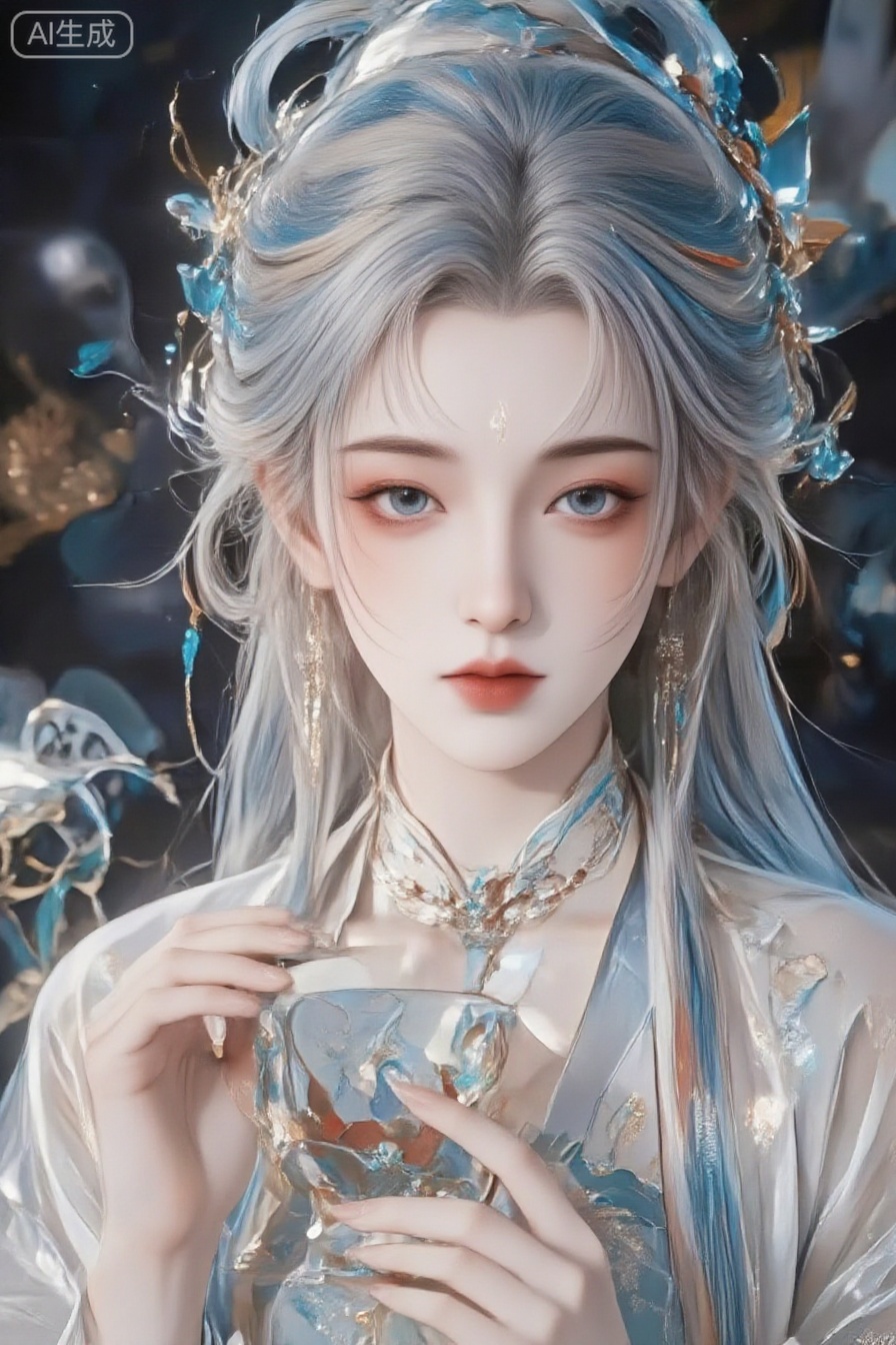 1girl, solo, long hair, looking at viewer, blush, smile, open mouth, bangs, blue eyes, red eyes, holding, twintails, jewelry, blue hair, upper body, ahoge, white hair, grey hair, red hair, multicolored hair, earrings, teeth, choker, hair bun, nail polish, cup, streaked hair,shinv,yanzhi,jinghongzy,hanfu,luxueqi