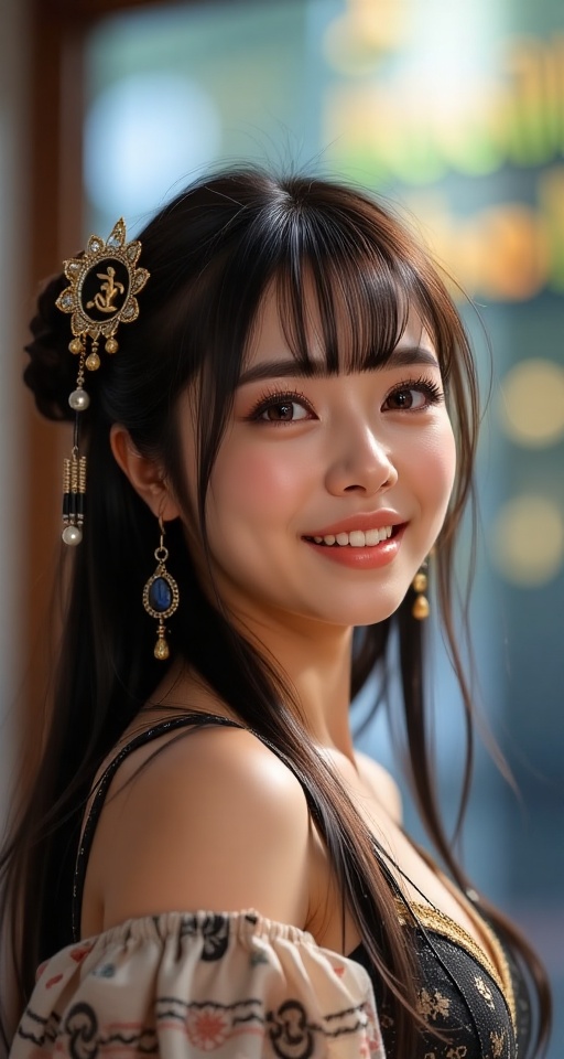 Create a realistic scene of a 1girl solo long hair looking at viewer smile bangs brown hair black hair hair ornament brown...