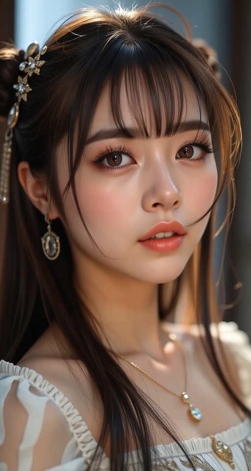 Create a realistic scene of a 1girl solo long hair looking at viewer bangs brown hair brown hair hair ornament brown eyes...