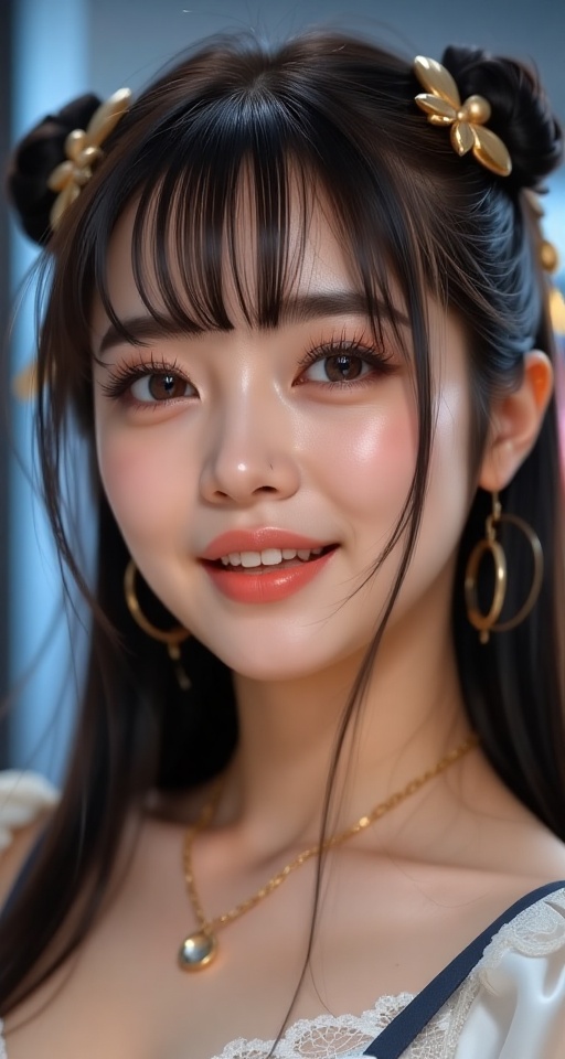 Create a realistic scene of a 1girl solo long hair looking at viewer smile bangs brown hair black hair hair ornament brown...