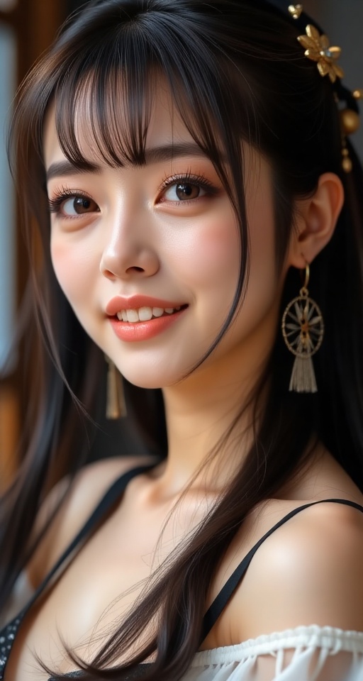 Create a realistic scene of a 1girl solo long hair looking at viewer smile bangs brown hair black hair hair ornament brown...